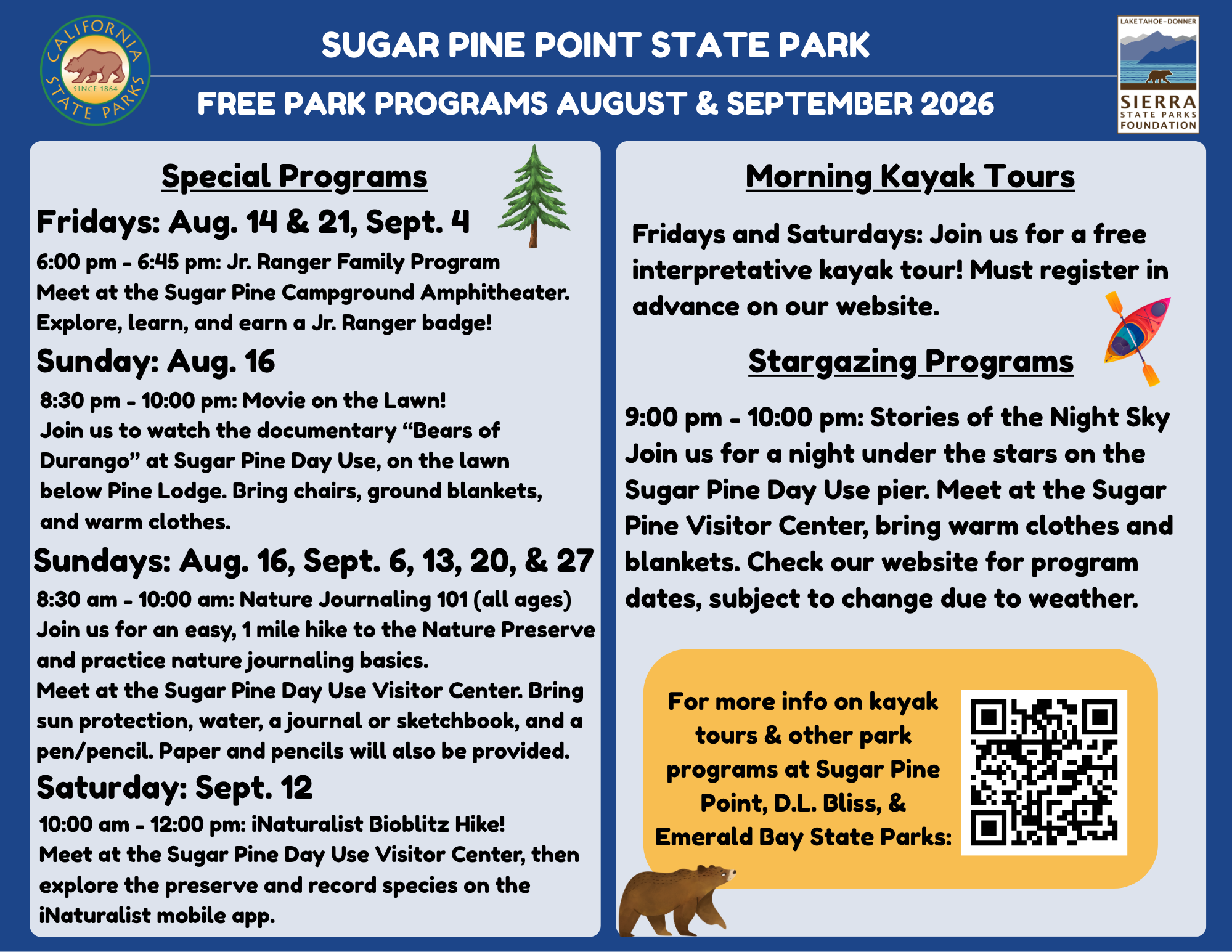 August and September Flyer Sugar Pine Point State Park